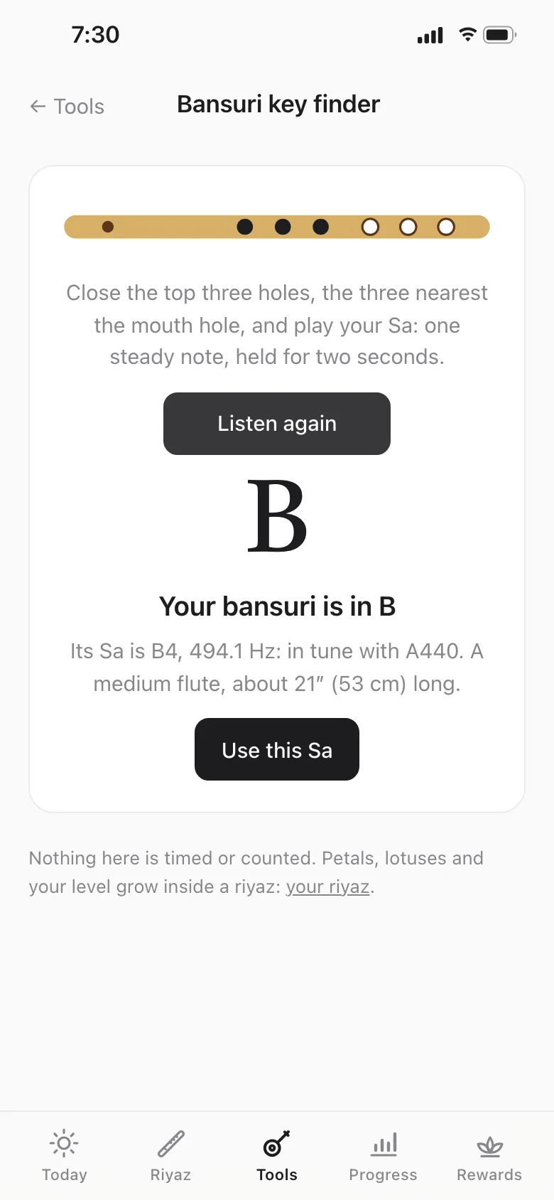 Bansuri key finder in the Meend app