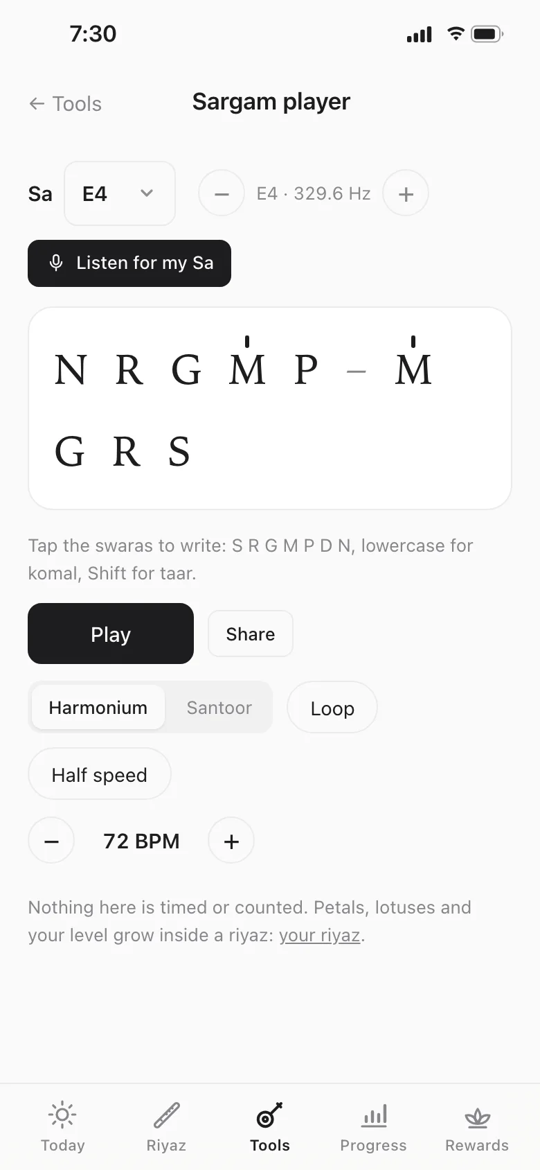 Sargam player in the Meend app