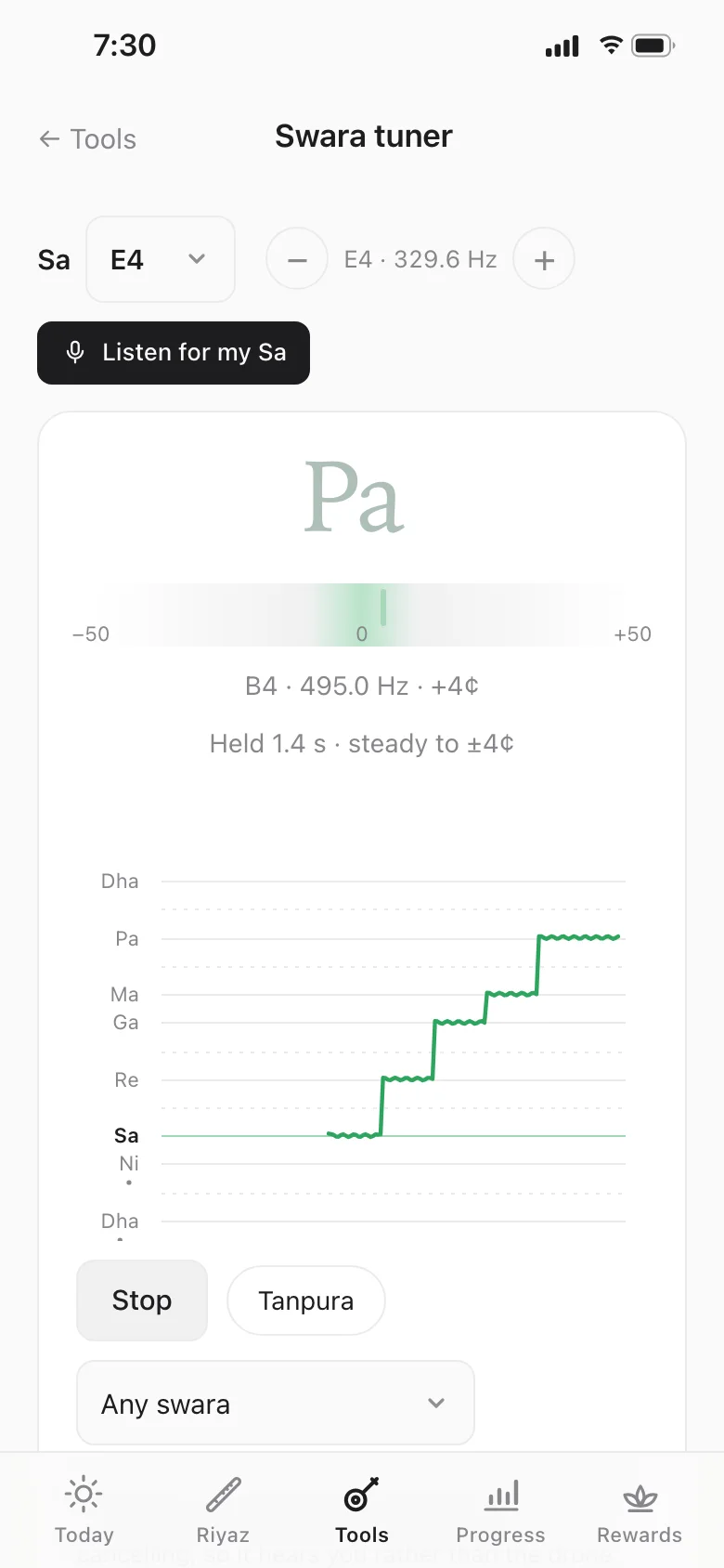 Swara tuner in the Meend app